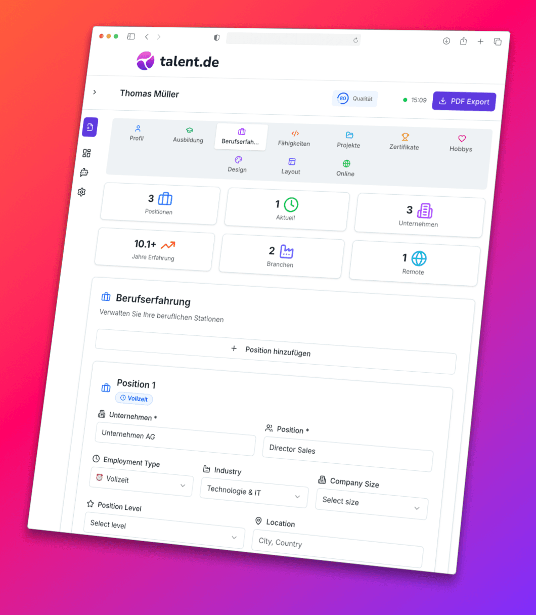 The CV editor helps you fill work experience — optionally powered by AI