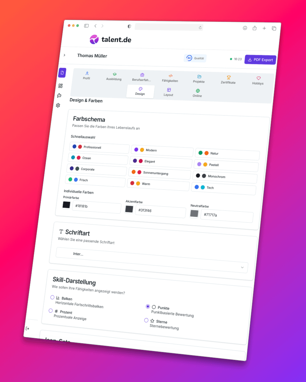 The CV editor offers designs, colors, layouts — even icon sets