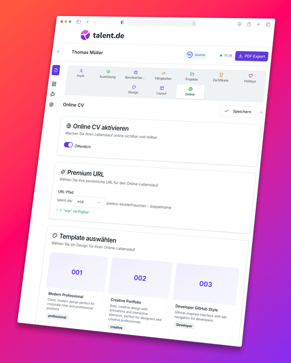 Online résumé with your own URL — activate and share with one click